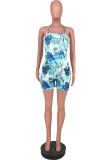 Blue Sexy Casual Print Backless Spaghetti Strap Sleeveless Two Pieces