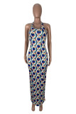 Multicolor Fashion Sexy Print Backless Halter Sleeveless Dress