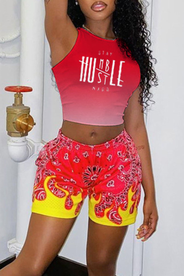Red Casual Print Patchwork O Neck Sleeveless Two Pieces