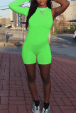 Fluorescent Green Fashion Casual Solid Basic O Neck Long Sleeve Skinny Romper