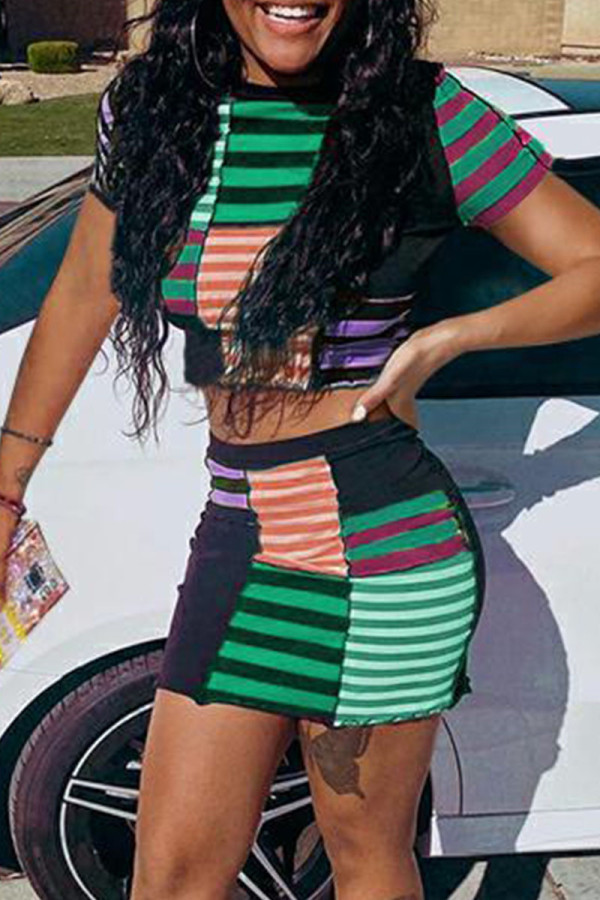 Green Street Striped Print Patchwork O Neck Short Sleeve Two Pieces