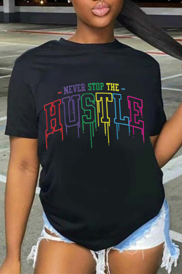 Black Fashion Casual Letter Print Basic O Neck T-Shirts