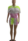 Pink Sportswear Color Lump Print Patchwork Turndown Collar Short Sleeve Two Pieces