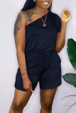 Black Casual Solid Patchwork Oblique Collar Loose Rompers