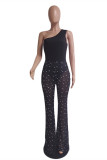 Black Sexy Patchwork See-through One Shoulder Regular Jumpsuits