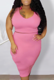 Pink Casual Solid Patchwork O Neck Pencil Skirt Plus Size Two Pieces
