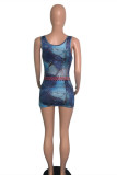 Blue Fashion Sexy Print Basic U Neck Vest Dress