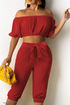 Red Casual Solid Split Joint Strapless Sleeveless Two Pieces