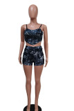 Purple Sexy Print Patchwork Asymmetrical Spaghetti Strap Sleeveless Two Pieces
