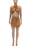Gold Sexy Print Bandage Hollowed Out Patchwork Halter Pencil Skirt Dresses