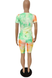 Pink Casual Patchwork Tie-dye O Neck Short Sleeve Two Pieces