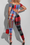 Red Sexy Plaid Print Hollowed Out Patchwork Off the Shoulder Short Sleeve Two Pieces