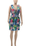 Multicolor Sweet Print Patchwork Flounce V Neck A Line Dresses