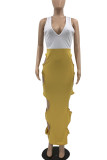Yellow Sexy Solid Hollowed Out Patchwork V Neck Pencil Skirt Dresses