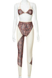 Apricot Sexy Print Patchwork Frenulum See-through Backless Halter Skinny Jumpsuits（Without Chains）