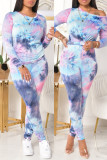 Fuchsia Fashion Casual Print Tie Dye Basic O Neck Long Sleeve Two Pieces