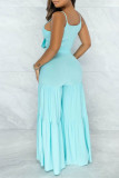 Light Blue Sexy Casual Solid Backless Spaghetti Strap Sleeveless Two Pieces