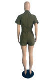 Army Green Fashion Solid Basic Turndown Collar Regular Romper
