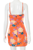 Tangerine Red Sexy Print Patchwork Spaghetti Strap Pencil Skirt Dresses