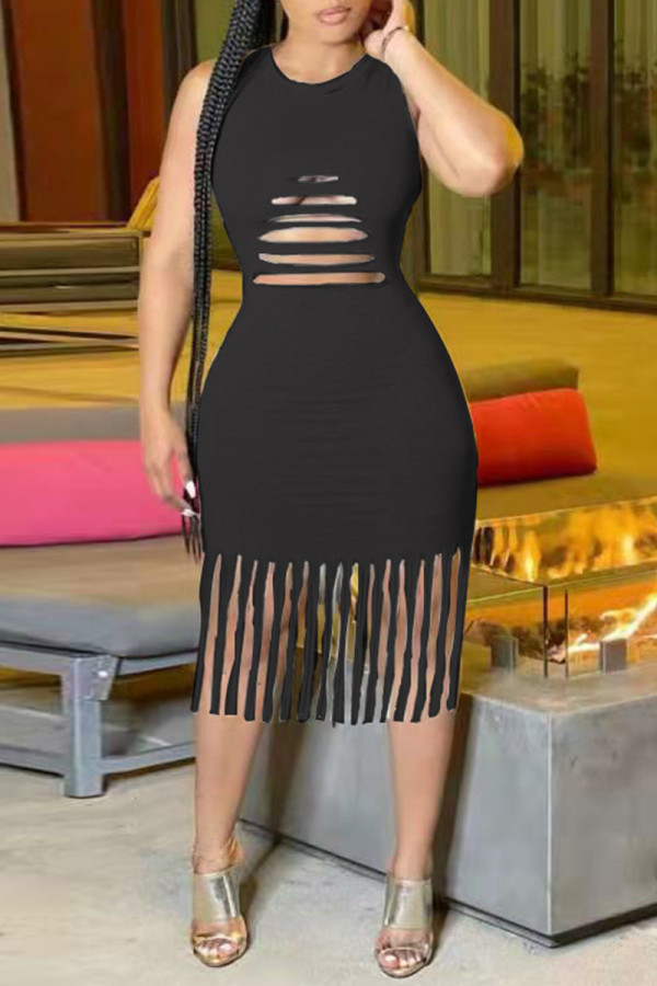Black Fashion Sexy Solid Tassel Hollowed Out O Neck Vest Dress