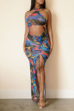 Blue Sexy Print Hollowed Out Halter Pencil Skirt Dresses
