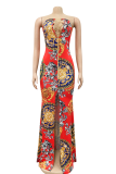 Red Sexy Print High Opening Strapless Trumpet Mermaid Dresses