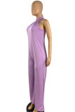 Light Purple Fashion Casual Solid Hollowed Out Without Belt O Neck Regular Jumpsuits