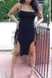 Pink Sexy Solid Patchwork Frenulum Spaghetti Strap Pencil Skirt Dresses