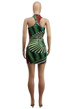 Green Sexy Print Hollowed Out Halter Pencil Skirt Dresses