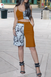 Grey Casual Print Patchwork Spaghetti Strap Sleeveless Two Pieces