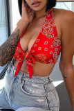 Red Fashion Sexy Print Bandage Backless Halter Tops