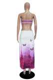 Purple Sexy Gradual Change Butterfly Print Hollowed Out Backless Slit Halter Long Dress