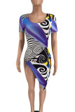 Light purple yellow sky blue Sexy Print Asymmetrical U Neck Irregular Dress Dresses