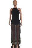 Black Sexy Solid Mesh Halter Irregular Dress Dresses