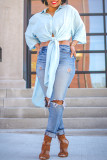 Light Blue Fashion Casual Solid Slit Turndown Collar Tops