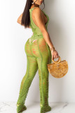 Green Sexy Solid Hollowed Out Split Joint See-through O Neck Straight Jumpsuits