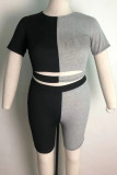 Black Gray British Style Patchwork Cut Out O Neck Plus Size Two Pieces