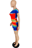 Rainbow Color Casual Striped Patchwork O Neck Short Sleeve Two Pieces