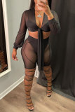 Black Fashion Sexy Patchwork Bandage See-through V Neck Long Sleeve Two Pieces