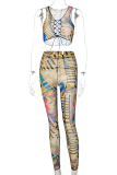 Colour Sexy Print Hollowed Out V Neck Sleeveless Two Pieces