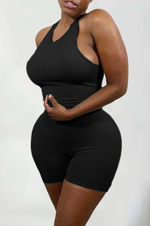 Black Casual Sportswear Solid Vests O Neck Sleeveless Two Pieces