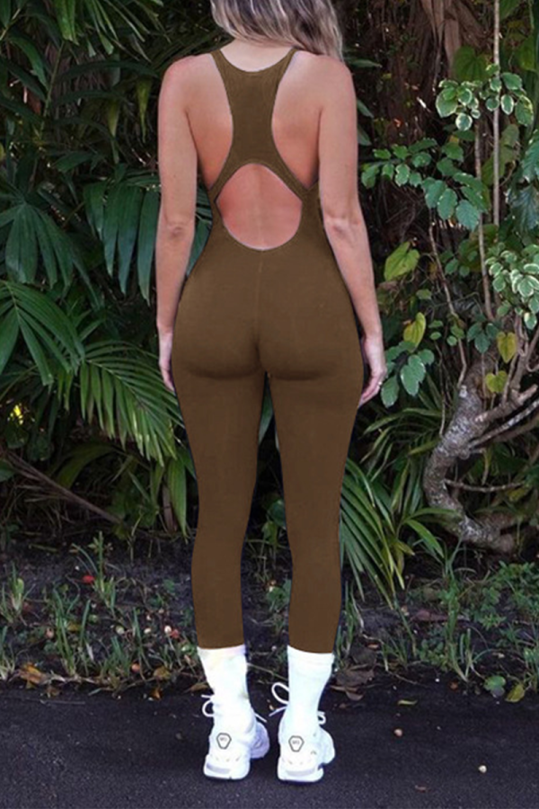 Brown Sexy Solid Hollowed Out Square Collar Skinny Jumpsuits