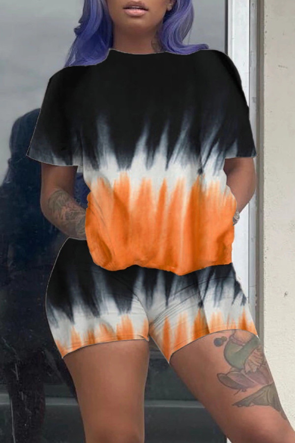 Orange Fashion Casual Print Basic O Neck Short Sleeve Two Pieces