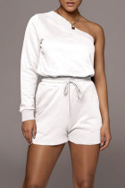 White Casual Solid Split Joint Asymmetrical Oblique Collar Long Sleeve Two Pieces
