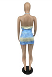 Blue Fashion Sexy Print Hollowed Out Backless Halter Sleeveless Two Pieces