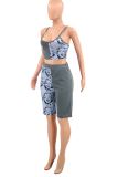 Grey Casual Print Patchwork Spaghetti Strap Sleeveless Two Pieces