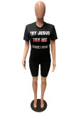 Black Fashion Casual Letter Print Basic O Neck Short Sleeve Two Pieces