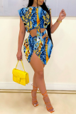 Blue Sexy Print Patchwork O Neck Sleeveless Two Pieces
