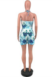 Blue Sexy Casual Print Backless Spaghetti Strap Sleeveless Two Pieces