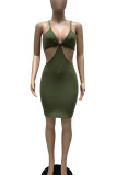 Army Green Sexy Solid Bandage Split Joint Spaghetti Strap Pencil Skirt Dresses